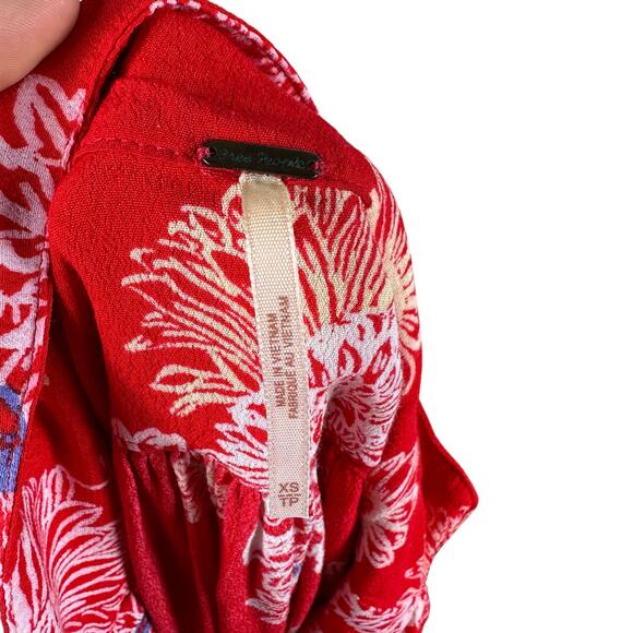 FREE PEOPLE Blue Hawaii Floral Mini Dress Cherry Red Flowers Women's Size XS - Picture 9 of 12